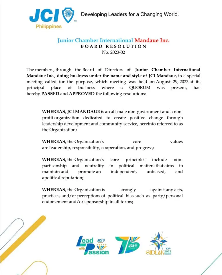 JCI Mandaue Board Resolution No. 2023-02